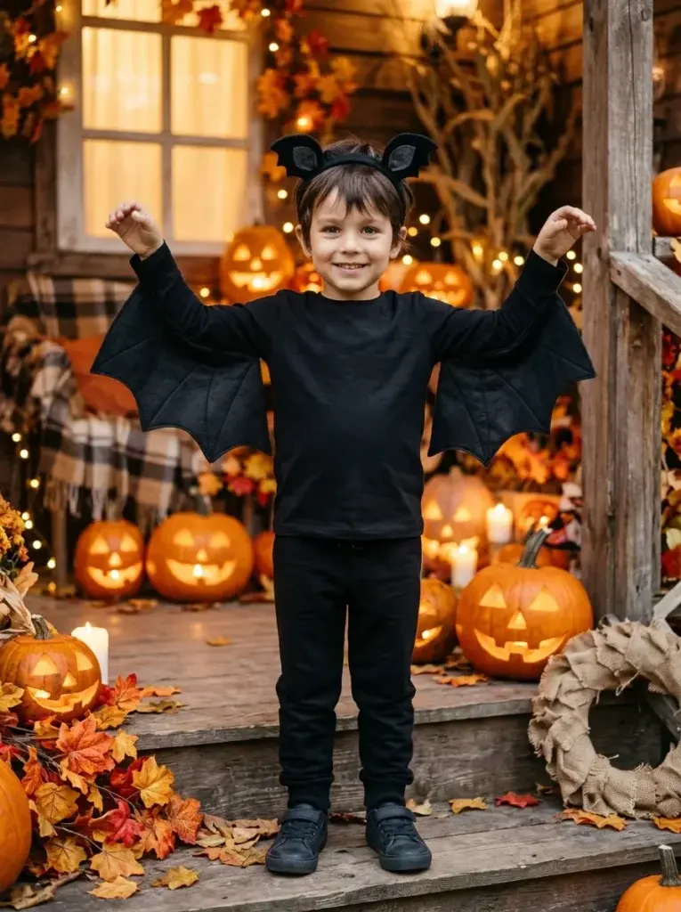 DIY bat Halloween costume featuring black clothing, soft fabric wings, and small bat ears.