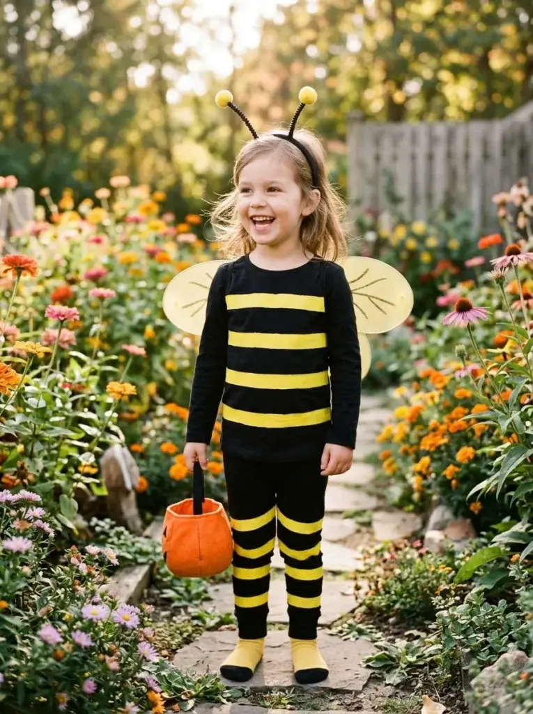 DIY bee Halloween costume featuring black-and-yellow stripes, small wings, and rounded antennae.
