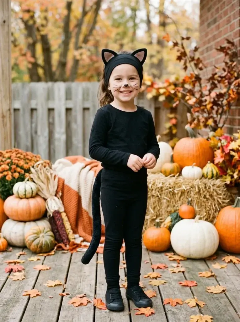 DIY black cat Halloween costume featuring black clothing, pointed ears, and a simple fabric tail.