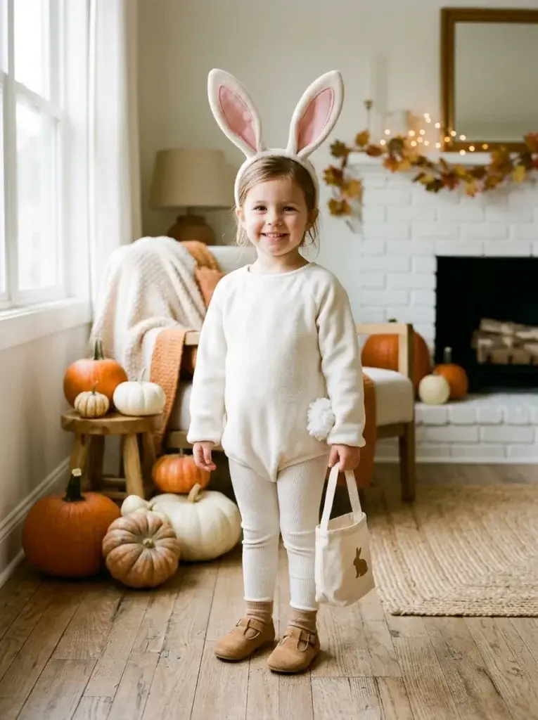DIY bunny Halloween costume featuring a white outfit, long pink-lined ears, and a fluffy little tail.