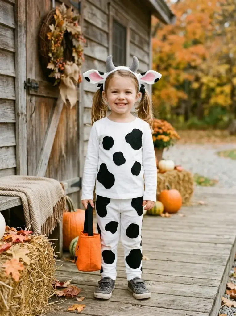 DIY cow Halloween costume featuring black-and-white spots, cow ears, and small felt horns.
