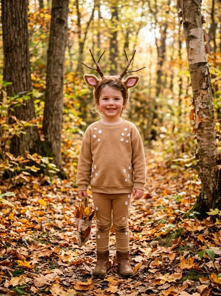 DIY deer Halloween costume featuring brown clothing, white spots, and a soft antler headband.