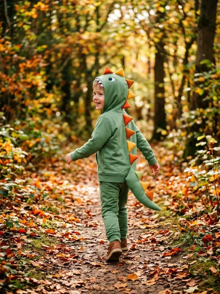 DIY dinosaur Halloween costume featuring green clothing, soft back spikes, and a matching tail.