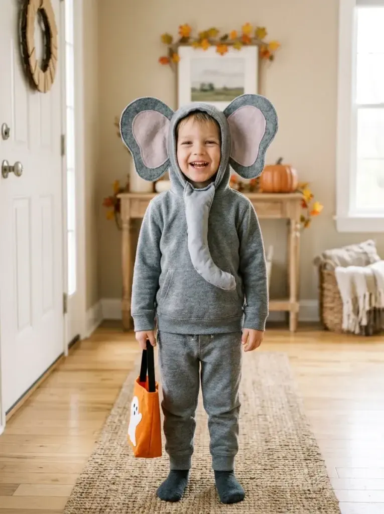 DIY elephant Halloween costume featuring gray clothing, oversized ears, and a soft fabric trunk.