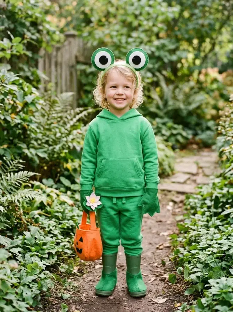 DIY frog Halloween costume featuring green clothing and large rounded eyes on a headband.