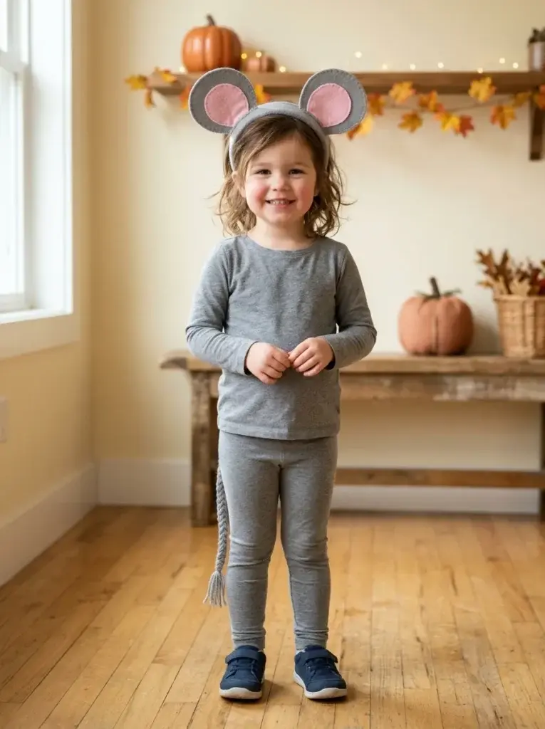 DIY mouse Halloween costume featuring gray clothing, round felt ears, and a lightweight tail.