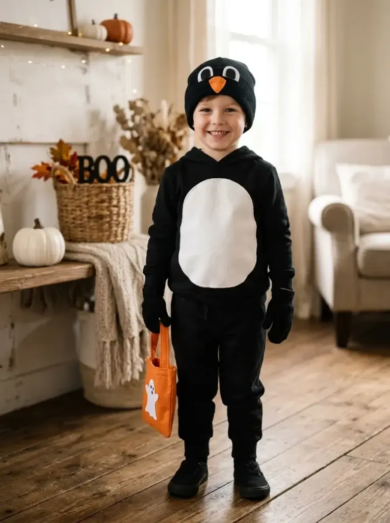 DIY penguin Halloween costume featuring black clothing, a white belly panel, and a small orange beak.