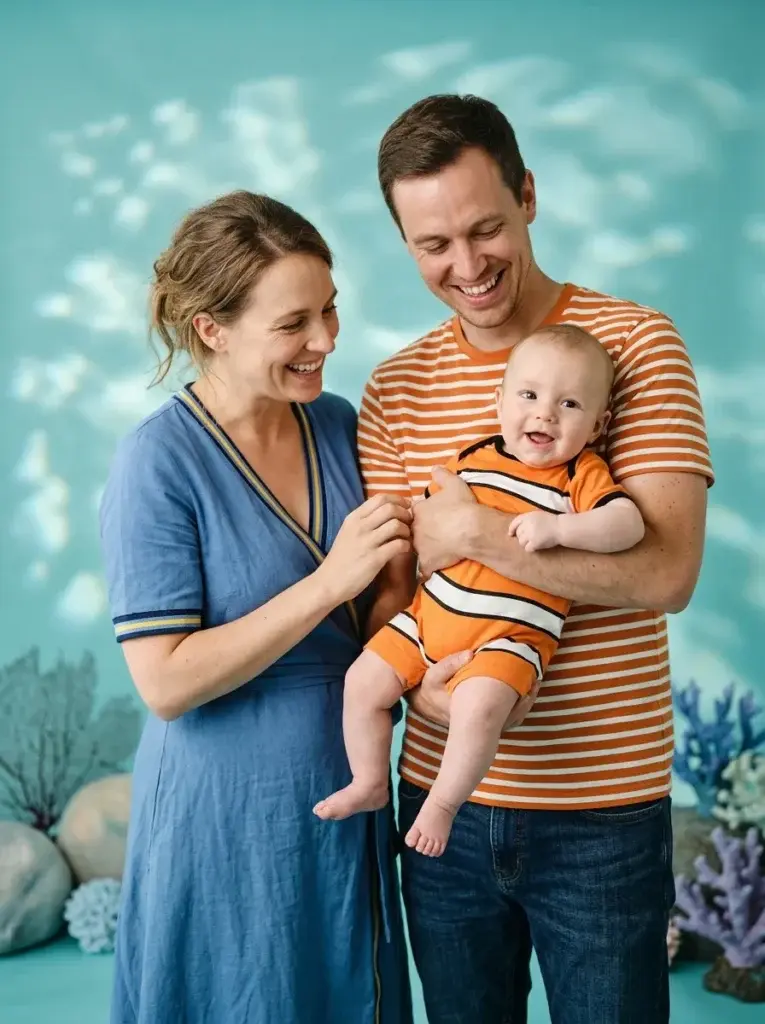 Dory and Marlin-inspired parents with their baby dressed as Nemo in an orange-and-white striped romper.