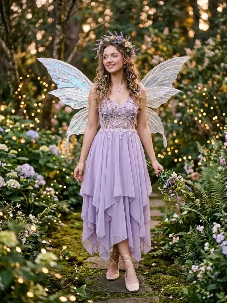 Dreamy fairy solo Halloween costume with lavender chiffon, translucent wings, and floral accessories.