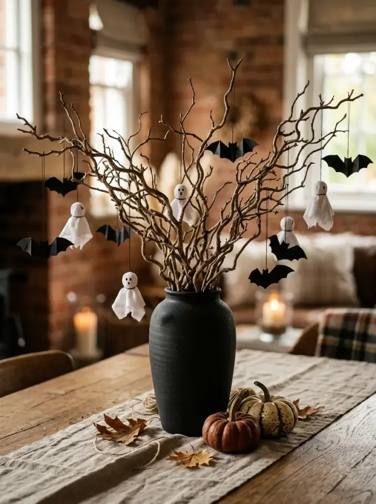 Dry branches decorated with hanging paper bats and miniature ghosts in a black vase