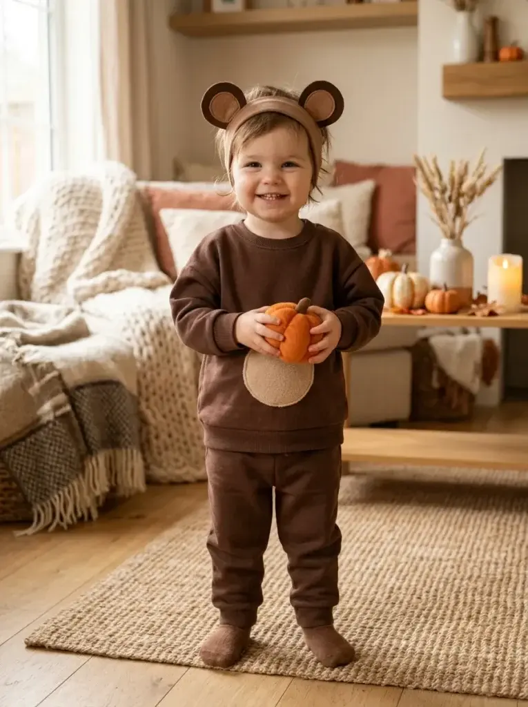 Easy DIY bear Halloween costume featuring brown clothing, rounded ears, and a beige belly patch.