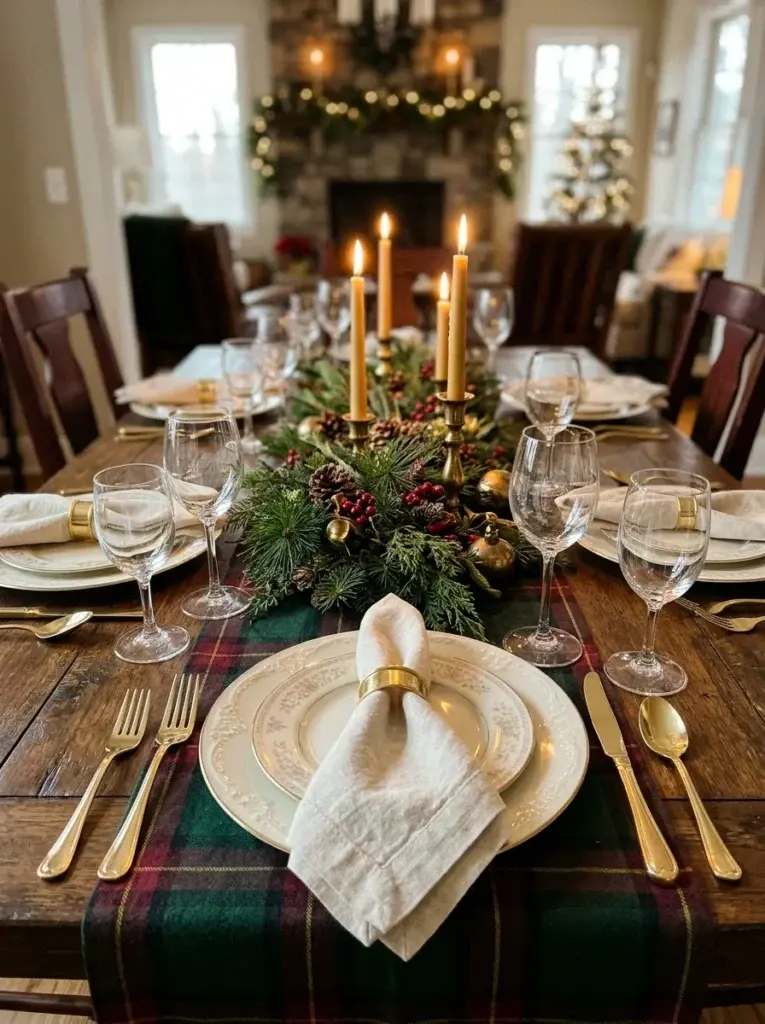 Elegant Christmas dining table with tartan runner, ivory plates, crystal glassware, and evergreen centerpiece.