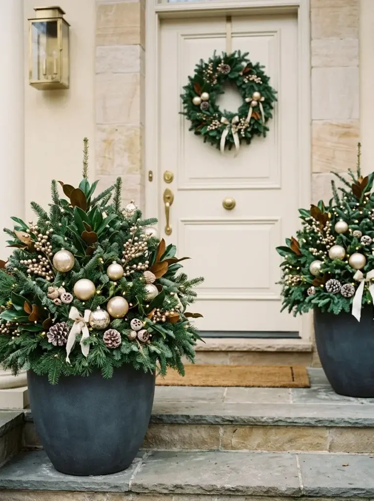 Elegant Christmas planters with evergreen branches, magnolia leaves, champagne-gold ornaments, and understated ivory accents.