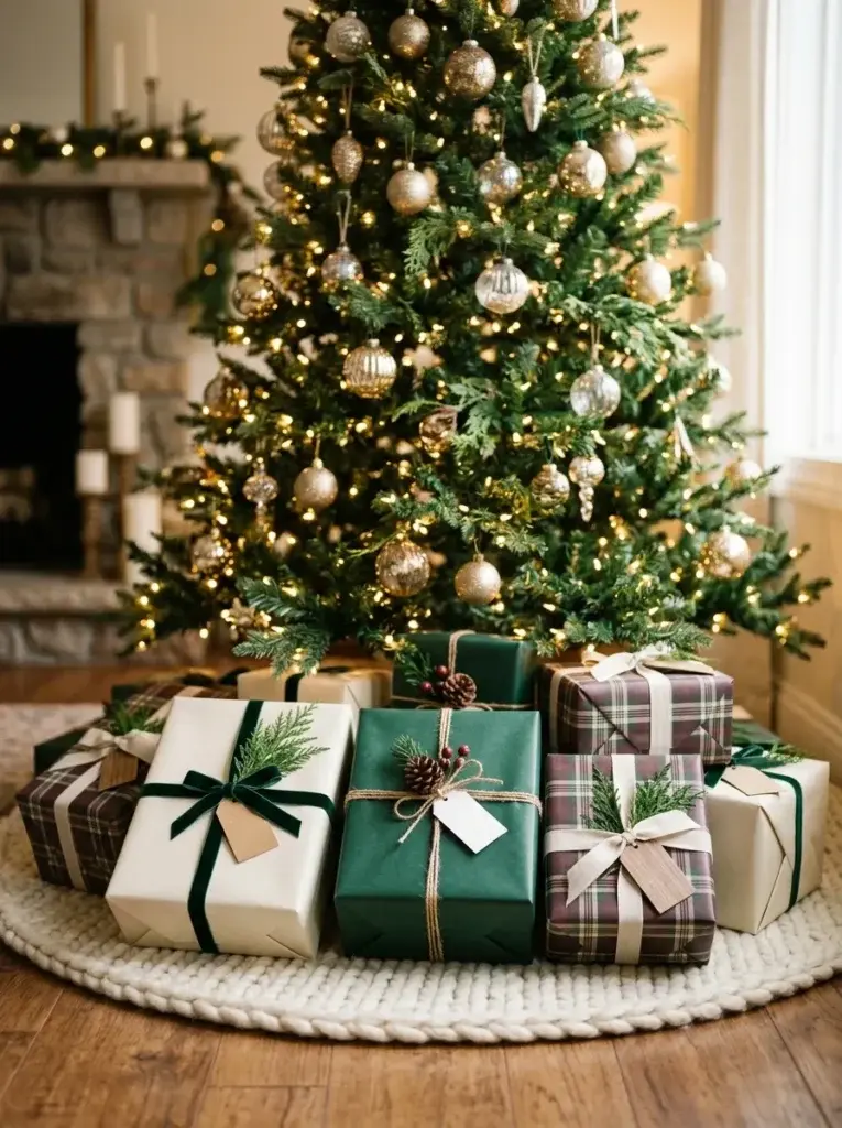 Elegant Christmas presents wrapped in cream paper, forest-green paper, and burgundy plaid with velvet ribbon and cedar sprigs beneath a traditional tree.