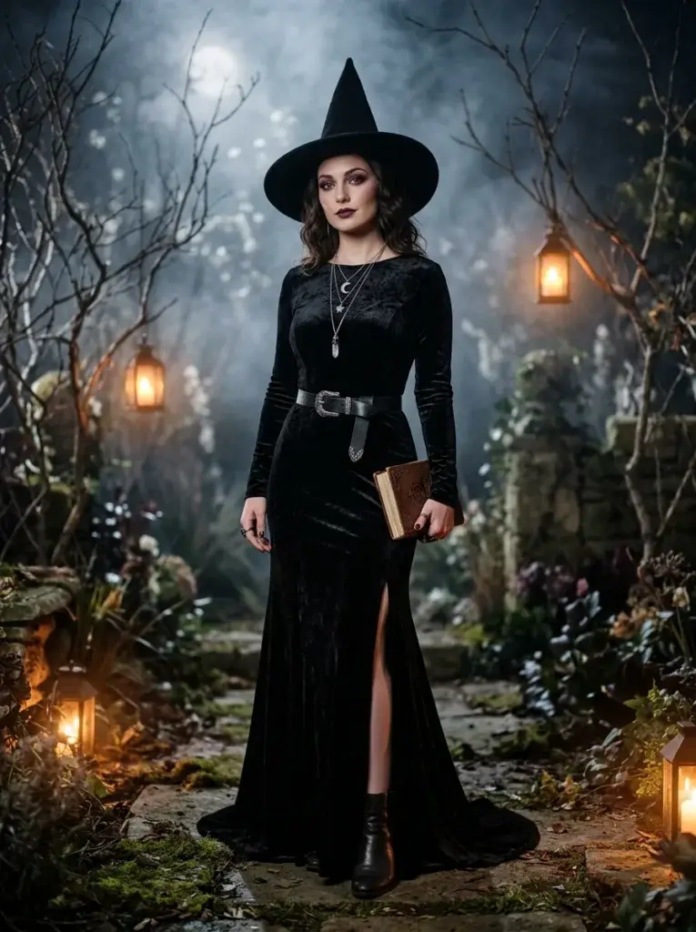 Elegant midnight witch solo Halloween costume with a black velvet dress and pointed hat.