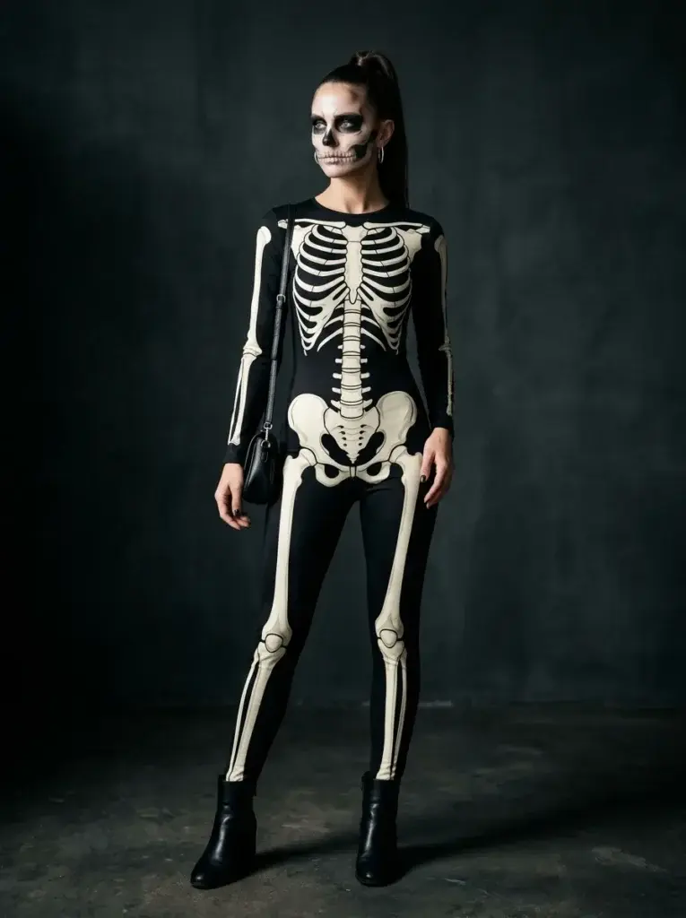 Elegant skeleton solo Halloween costume with an ivory bone-print black jumpsuit and skull makeup.