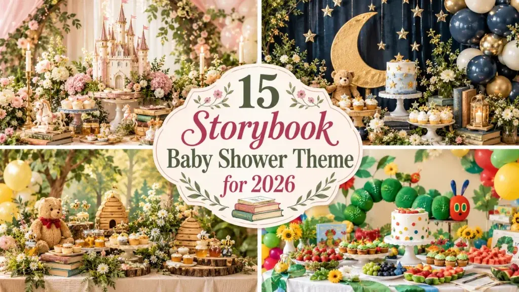Elegant storybook baby shower decorations with vintage children's books, soft florals, sage greenery, and pastel fairytale details.