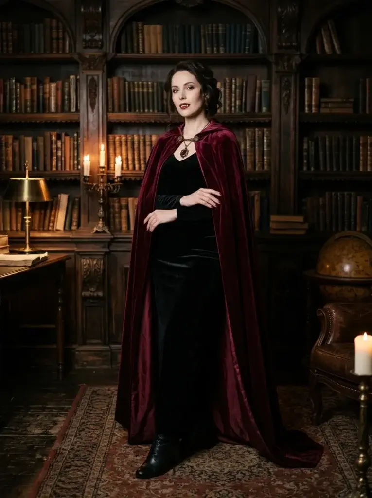 Elegant vampire solo Halloween costume with a burgundy cape and dark gothic makeup.