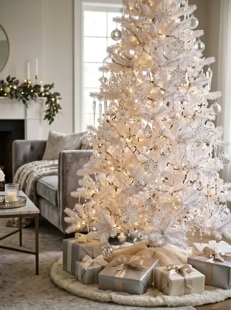 Elegant white Christmas tree with crystal teardrop ornaments, faceted baubles, glass icicles, and warm lights.