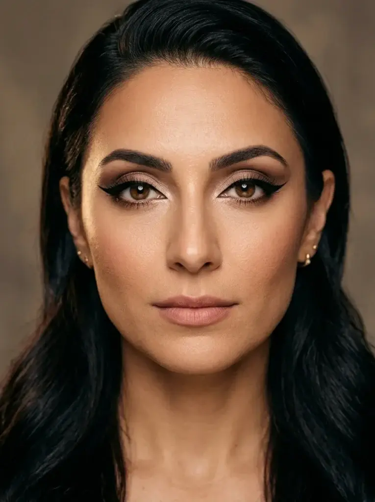 Elongated black siren eyeliner with smoked brown eyeshadow, defined lashes, and muted nude-pink lips.
