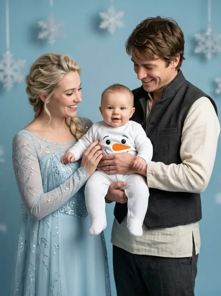 Elsa and Kristoff-inspired parents with their baby in a soft white Olaf-inspired snowman outfit.