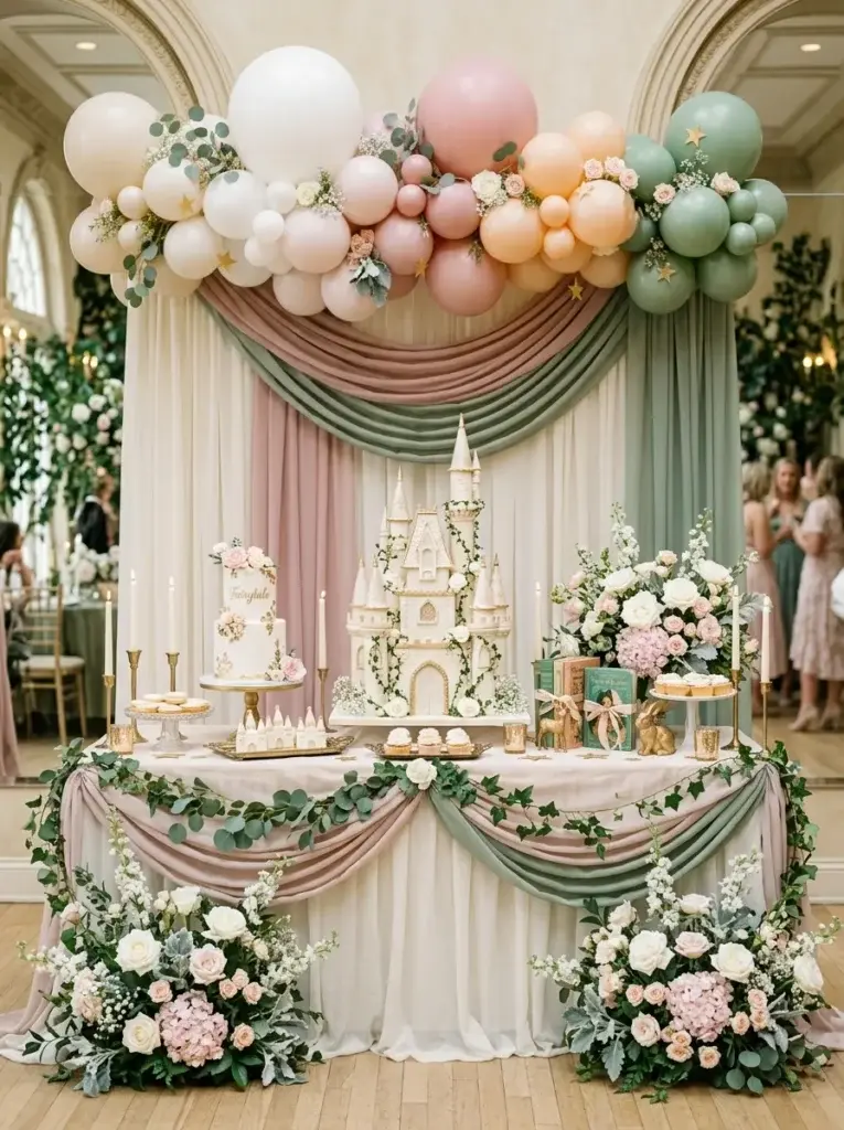 Enchanted fairytale baby shower with an ivory castle centerpiece, climbing greenery, and soft pink flowers.