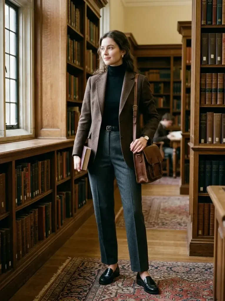 Espresso-brown blazer with a black turtleneck, charcoal trousers, and leather loafers in a vintage library.