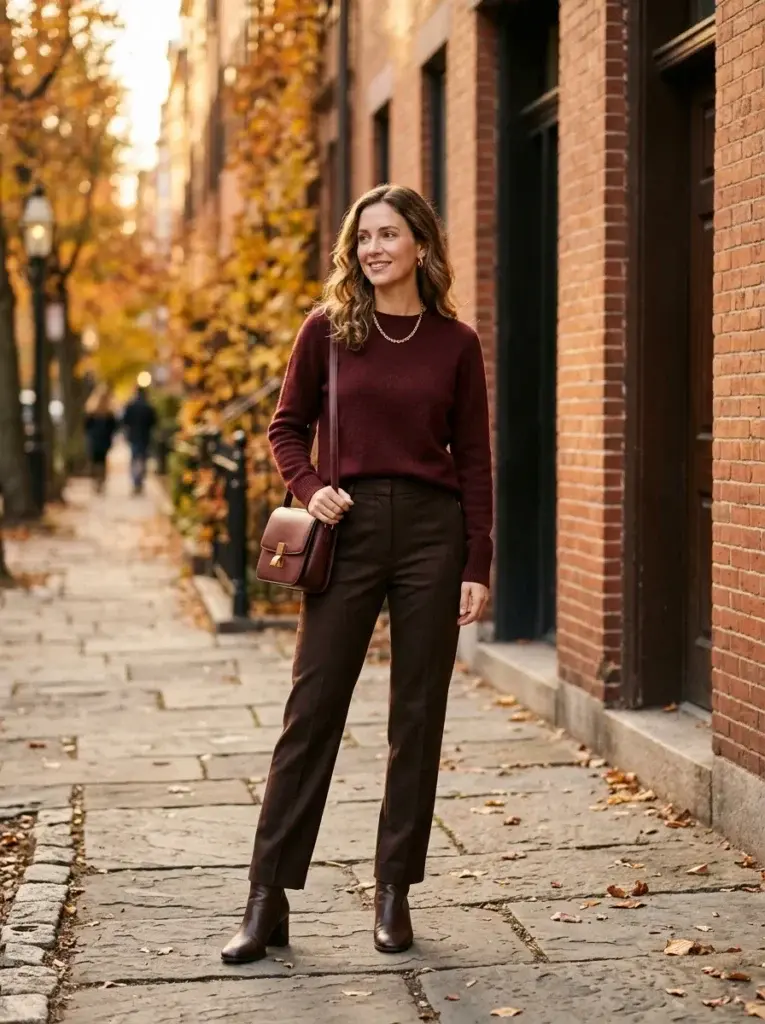 Espresso-brown straight-leg pants with a burgundy sweater, brown ankle boots, and a coordinating shoulder bag.