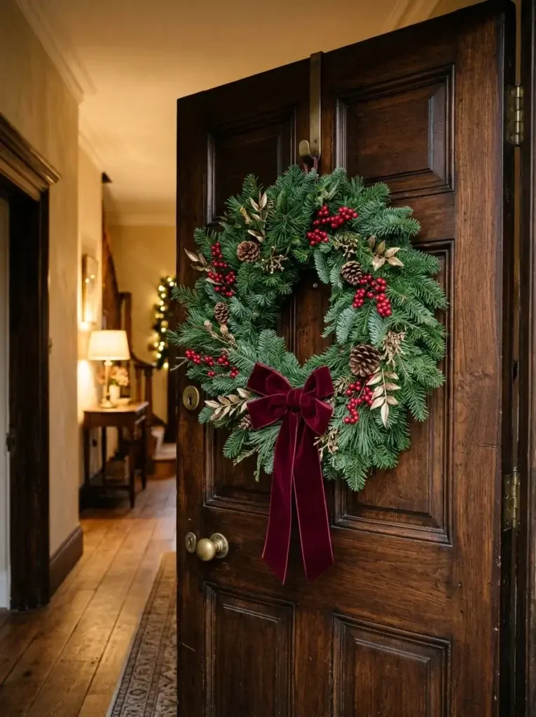 Evergreen Christmas wreath with a burgundy velvet bow, pinecones, and red berries on a dark wood door.