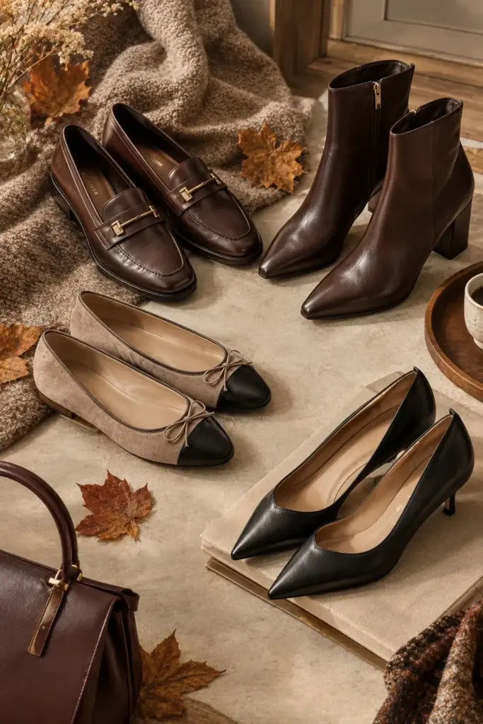 A flat lay of four pairs of women's shoes including brown loafers, ankle boots, black pumps, and two-tone flats, arranged with dried leaves and a handbag.