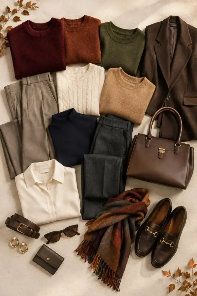 A flat lay of fall workwear including a brown blazer, knit sweaters in earth tones, gray trousers, a white shirt, loafers, and a leather handbag.
