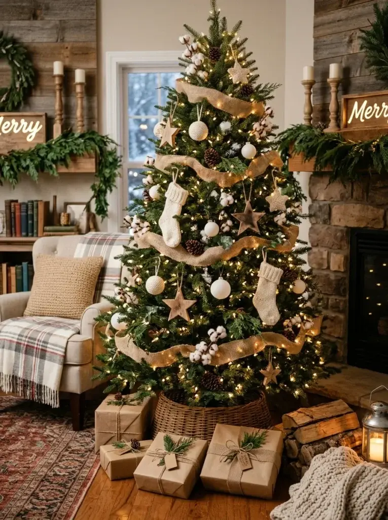 Farmhouse white Christmas tree with burlap ribbons, wooden stars, knitted ornaments, and warm fairy lights.