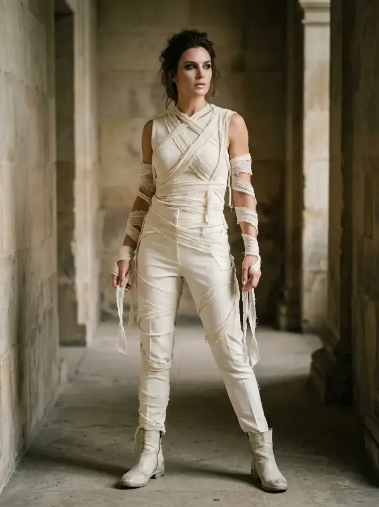 Fashionable mummy solo Halloween costume with layered ivory gauze and distressed white boots.