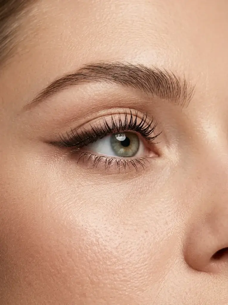 Finished siren eye makeup with curled, lengthened lashes and a lightweight half-lash accentuating the outer corner.