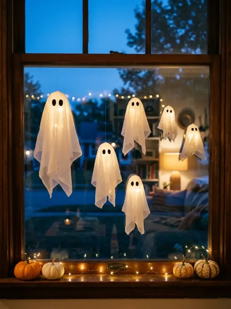 Floating white ghost decorations displayed in an illuminated window with pumpkins on the sill.