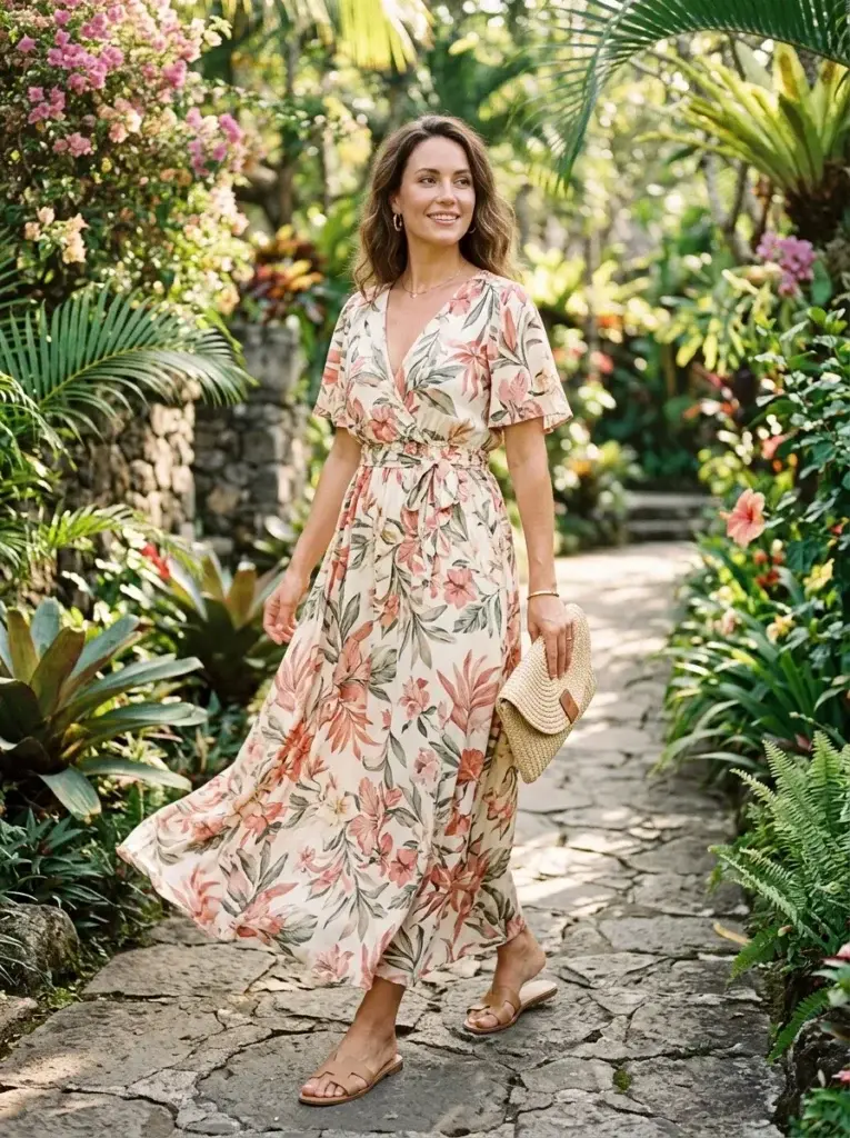 Floral maxi dress in coral, pink, and sage tones styled with neutral sandals at a resort garden.