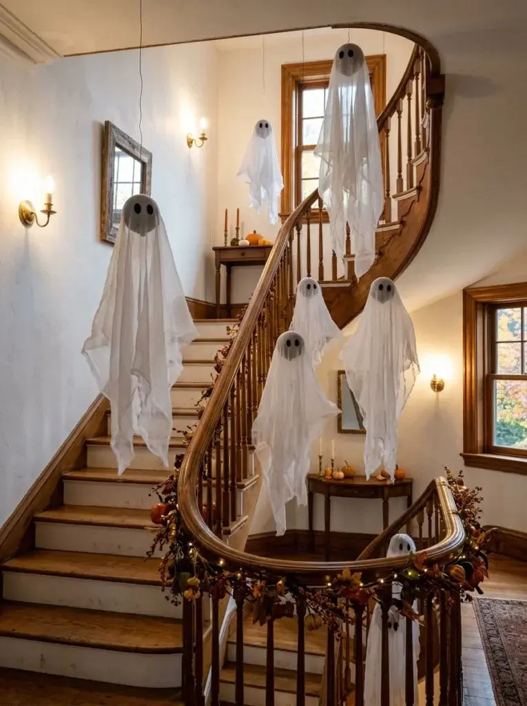 Flowing white ghosts suspended above a wooden staircase decorated with autumn foliage and pumpkins.