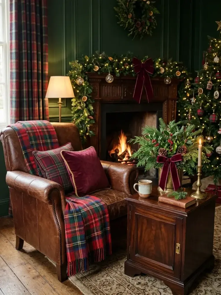 Forest-green and burgundy tartan cushions and wool throw styled in a traditional Christmas sitting room.