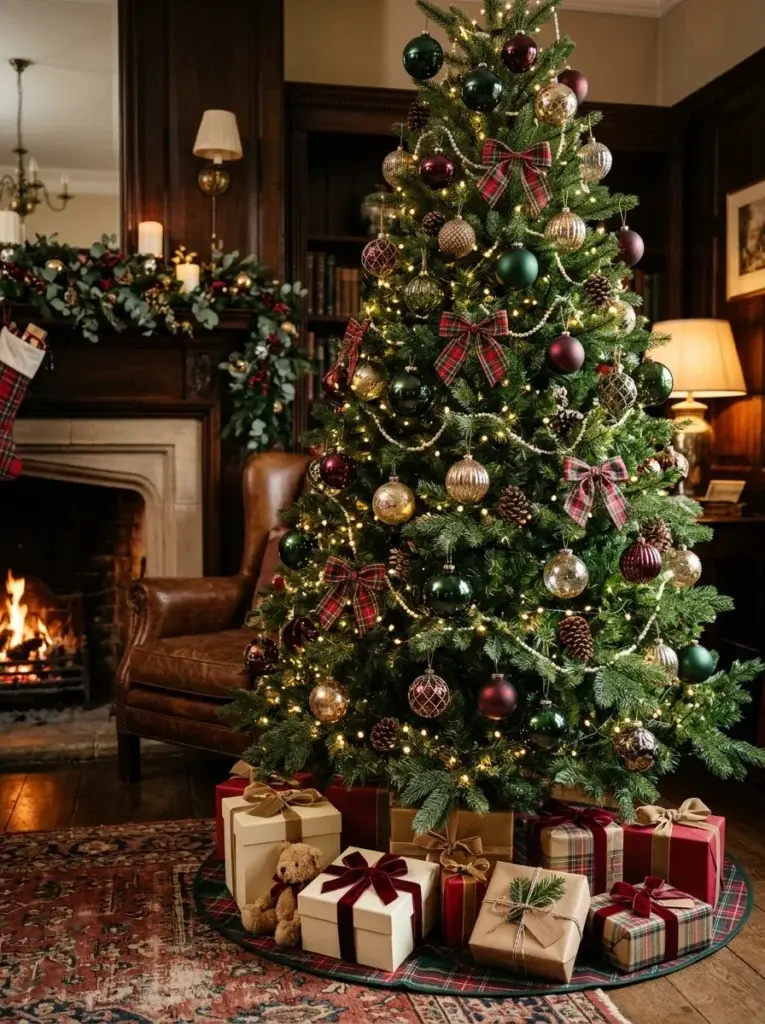 Forest-green Christmas tree decorated with burgundy ornaments, tartan ribbons, and antique-gold baubles.
