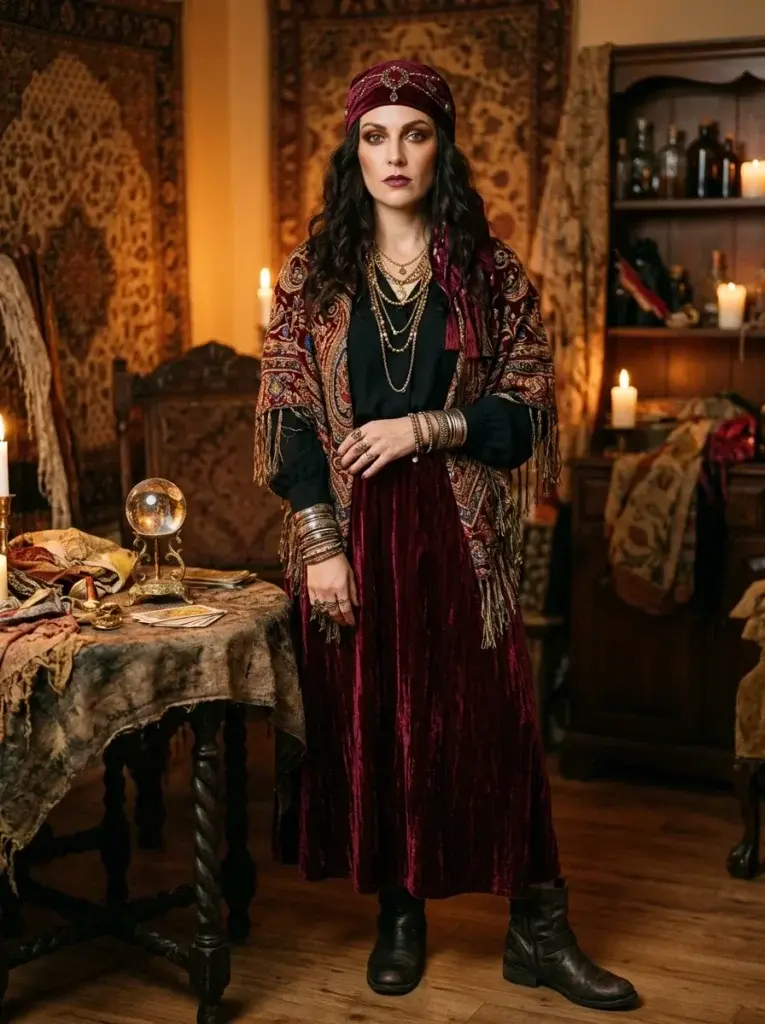 Fortune teller solo Halloween costume with a burgundy skirt, embroidered shawl, and layered jewelry.