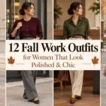 A collage of four women wearing different fall work outfits, including blazers, turtlenecks, and wide-leg trousers, paired with loafers and handbags.