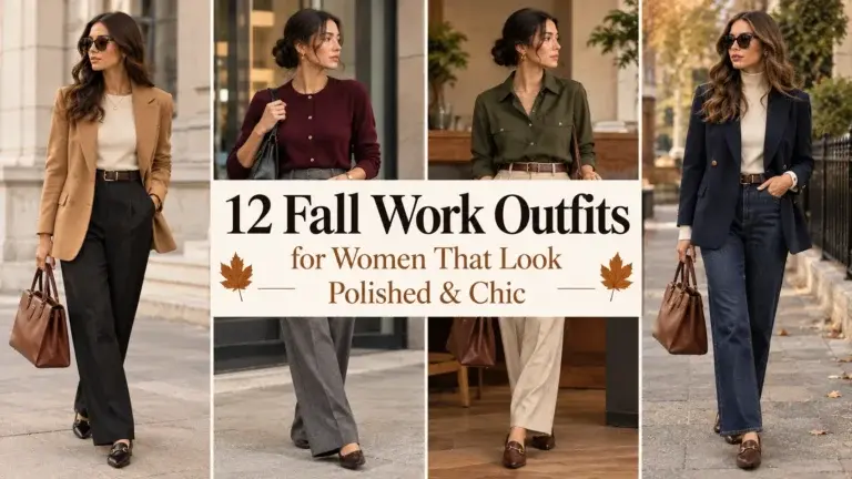 A collage of four women wearing different fall work outfits, including blazers, turtlenecks, and wide-leg trousers, paired with loafers and handbags.