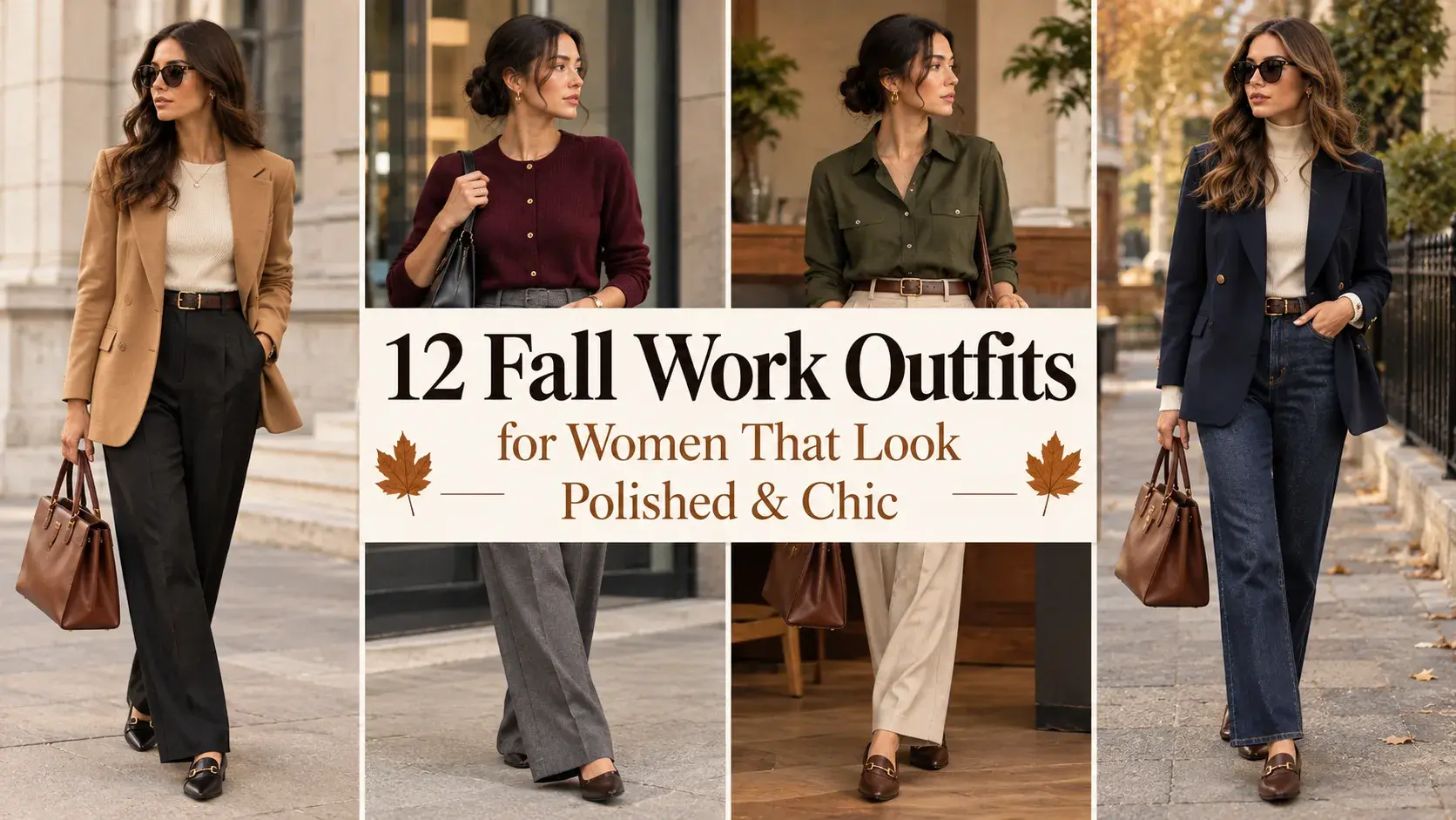 A collage of four women wearing different fall work outfits, including blazers, turtlenecks, and wide-leg trousers, paired with loafers and handbags.