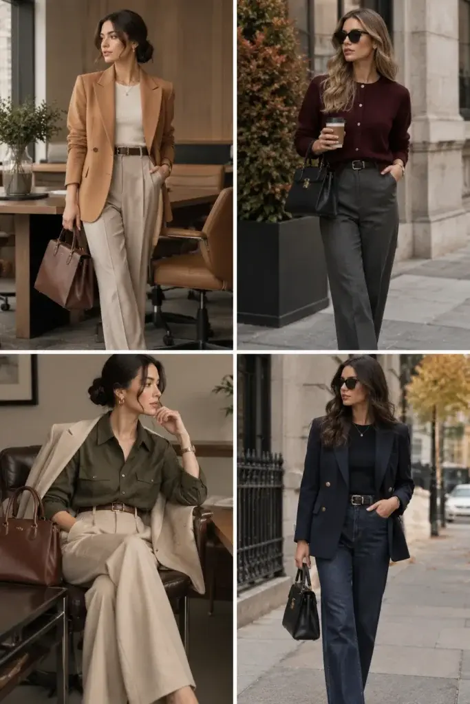 A collage of four women in professional fall attire, featuring blazers, trousers, and structured handbags in neutral and dark tones.