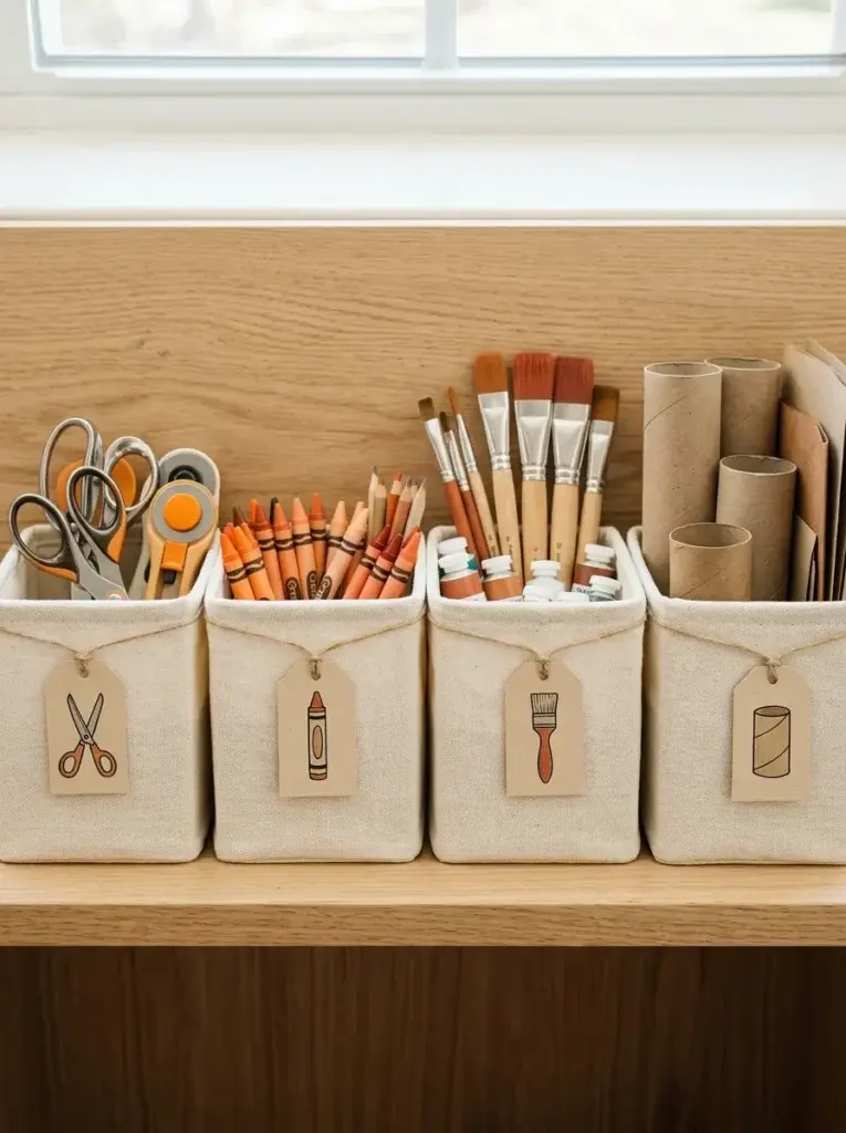Four storage bins with simple icon tags for cutting, drawing, painting and recycled materials