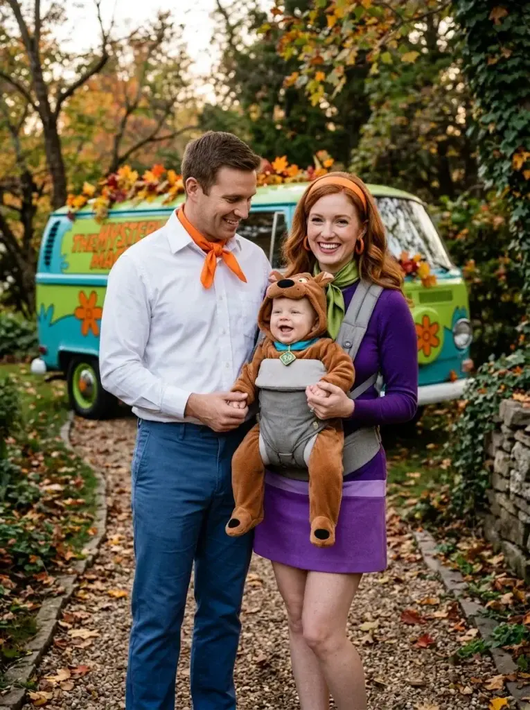 Fred and Daphne-inspired parents with their baby wearing a brown Scooby-Doo-inspired Halloween sleeper.