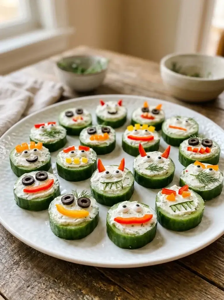 Fresh cucumber rounds decorated with colorful vegetable pieces to create playful green Halloween monster faces.