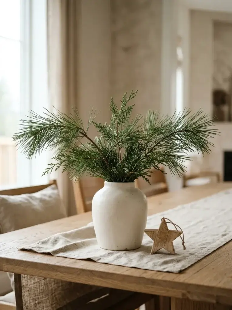 Fresh evergreen branches arranged in a matte ceramic vase on a natural oak table.