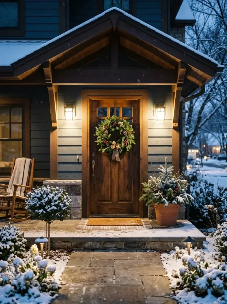 Front entryway illuminated by warm-white outdoor lighting with evergreen winter decorations.
