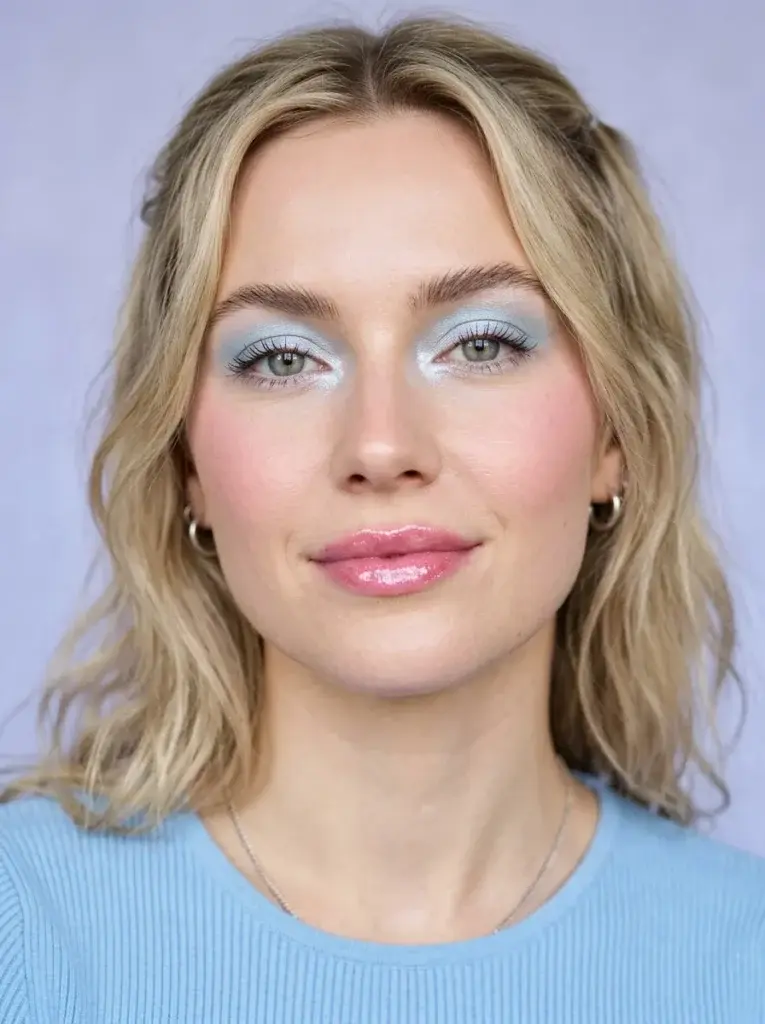 Frosted Y2K makeup with icy blue eyeshadow, pearlescent highlights, pink blush, and glossy lips.